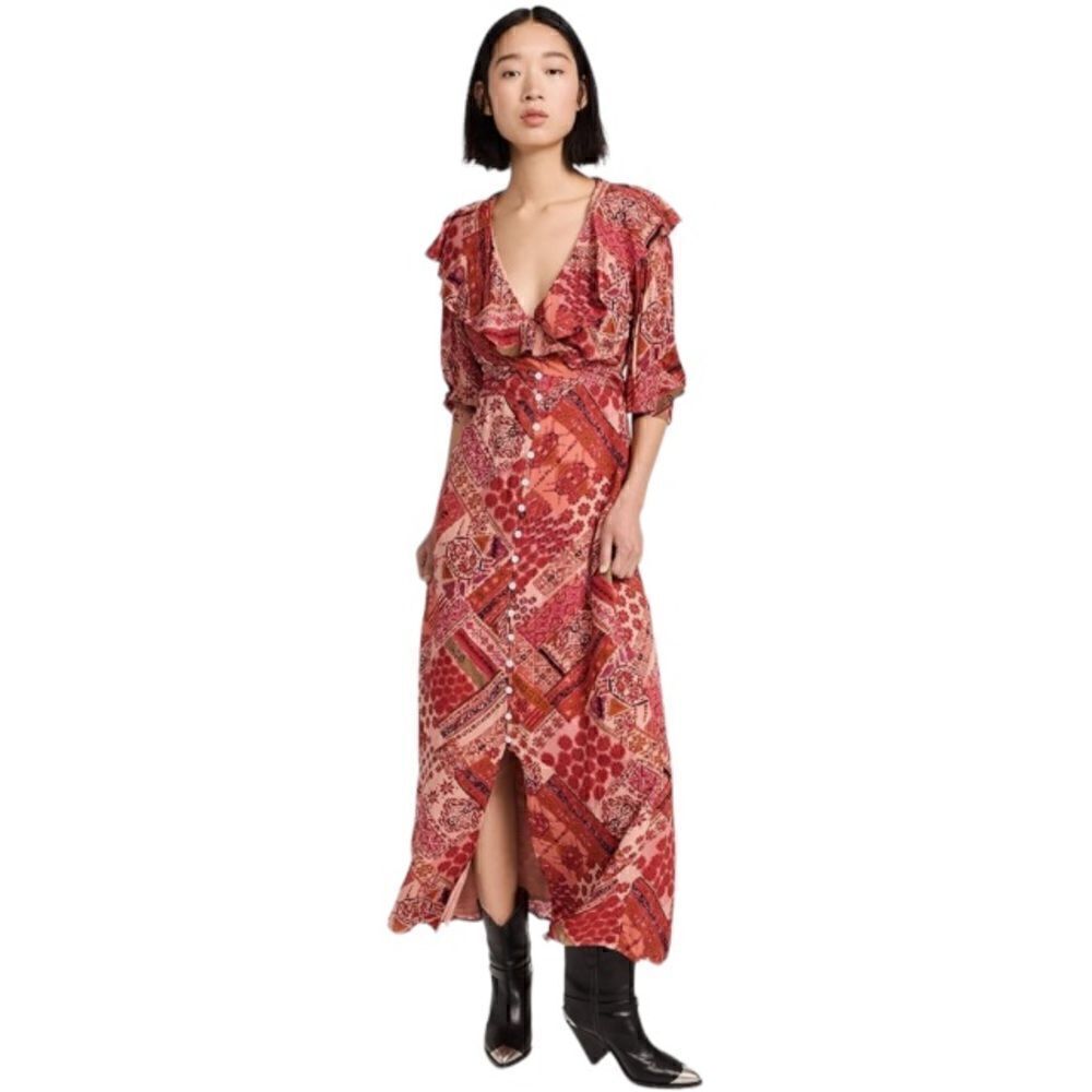 Free People Lennon Primrose 3/4 Sleeve V-Neck Split Button Front Dress NWT